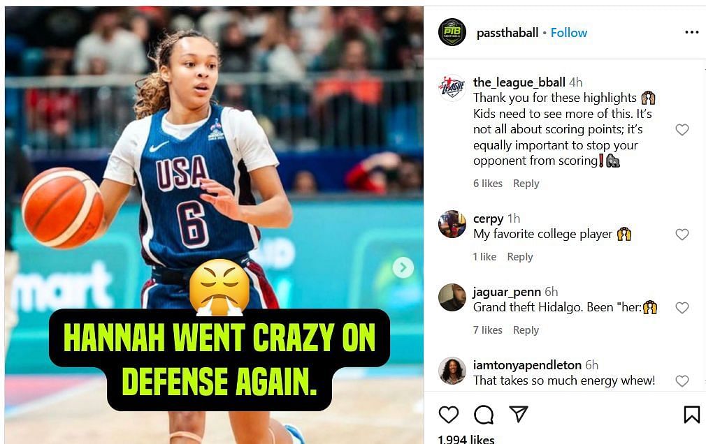 College hoop fans react to Hannah Hidalgo's defensive display during USA's blowout win vs Mexico at women's AmerCup on IG. Image via @passthaball